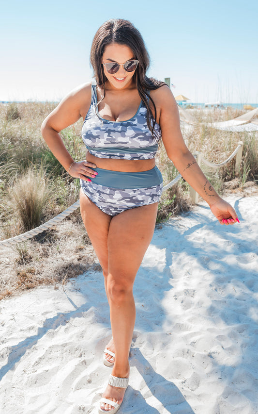 SALTY WAVE Grey Camo Beach Full Coverage Swim Set (Top & Bottom)**Final Sale