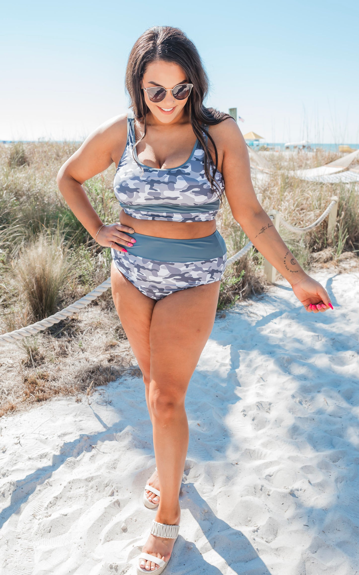SALTY WAVE Grey Camo Beach Full Coverage Swim Set (Top & Bottom)**Final Sale