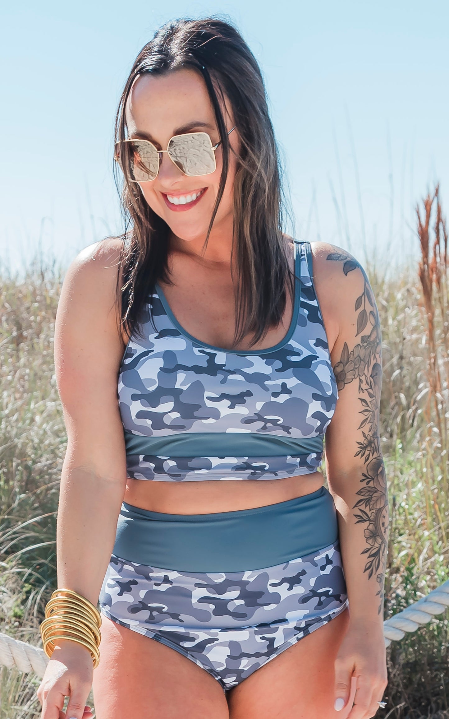SALTY WAVE Grey Camo Beach Full Coverage Swim Set (Top & Bottom)**Final Sale