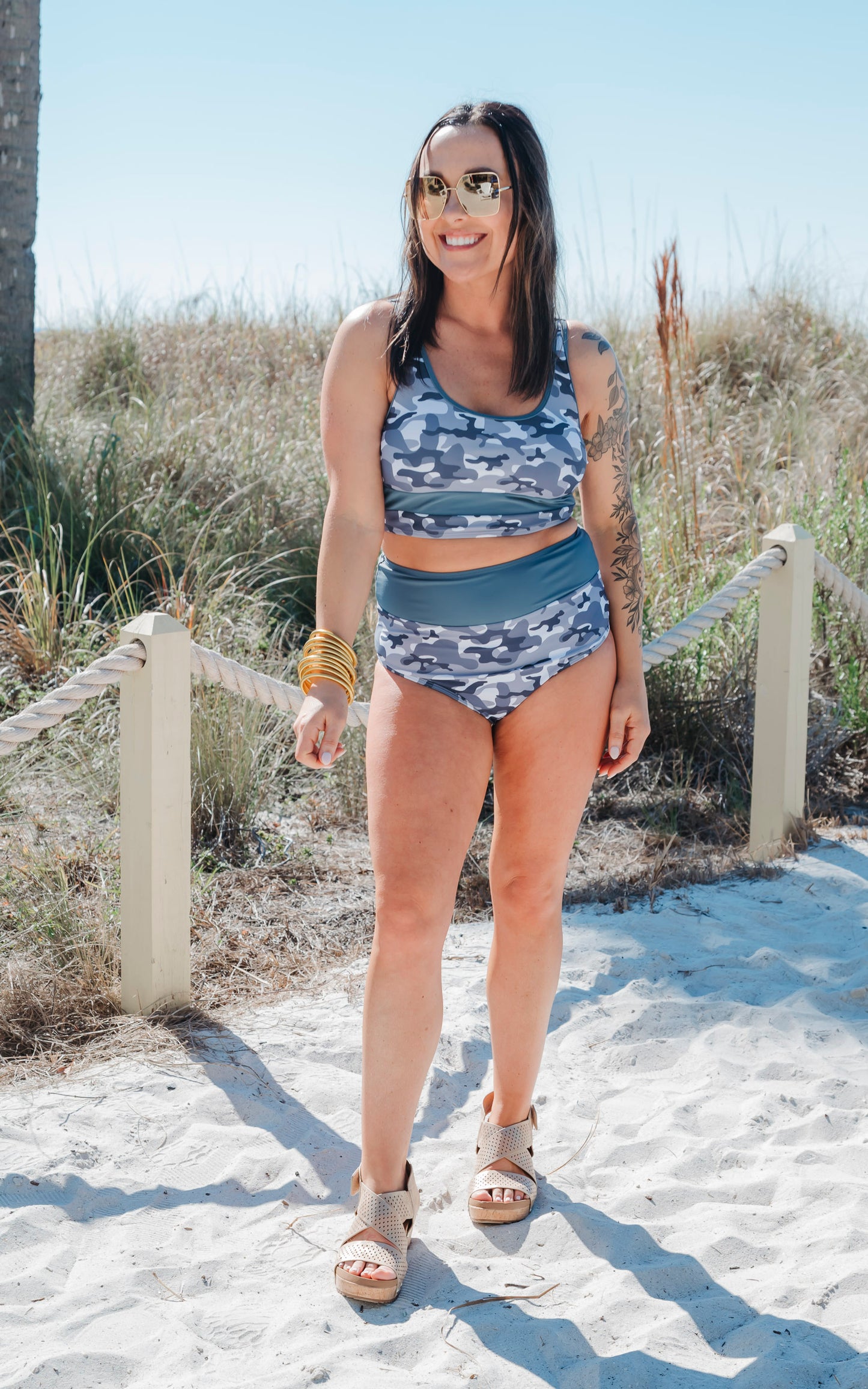 SALTY WAVE Grey Camo Beach Full Coverage Swim Set (Top & Bottom)**Final Sale