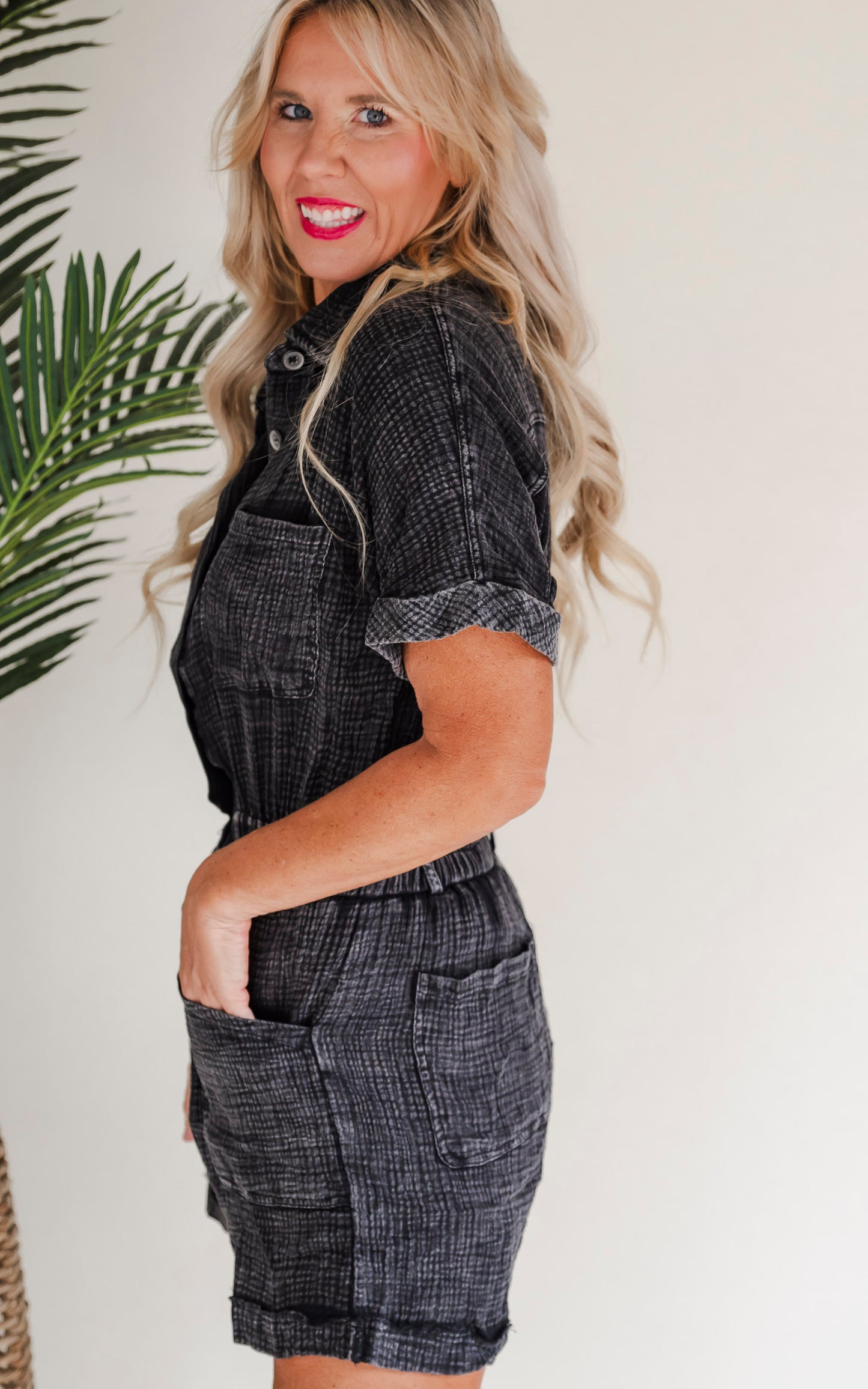 Short Sleeve Mineral Wash Romper - Final Sale
