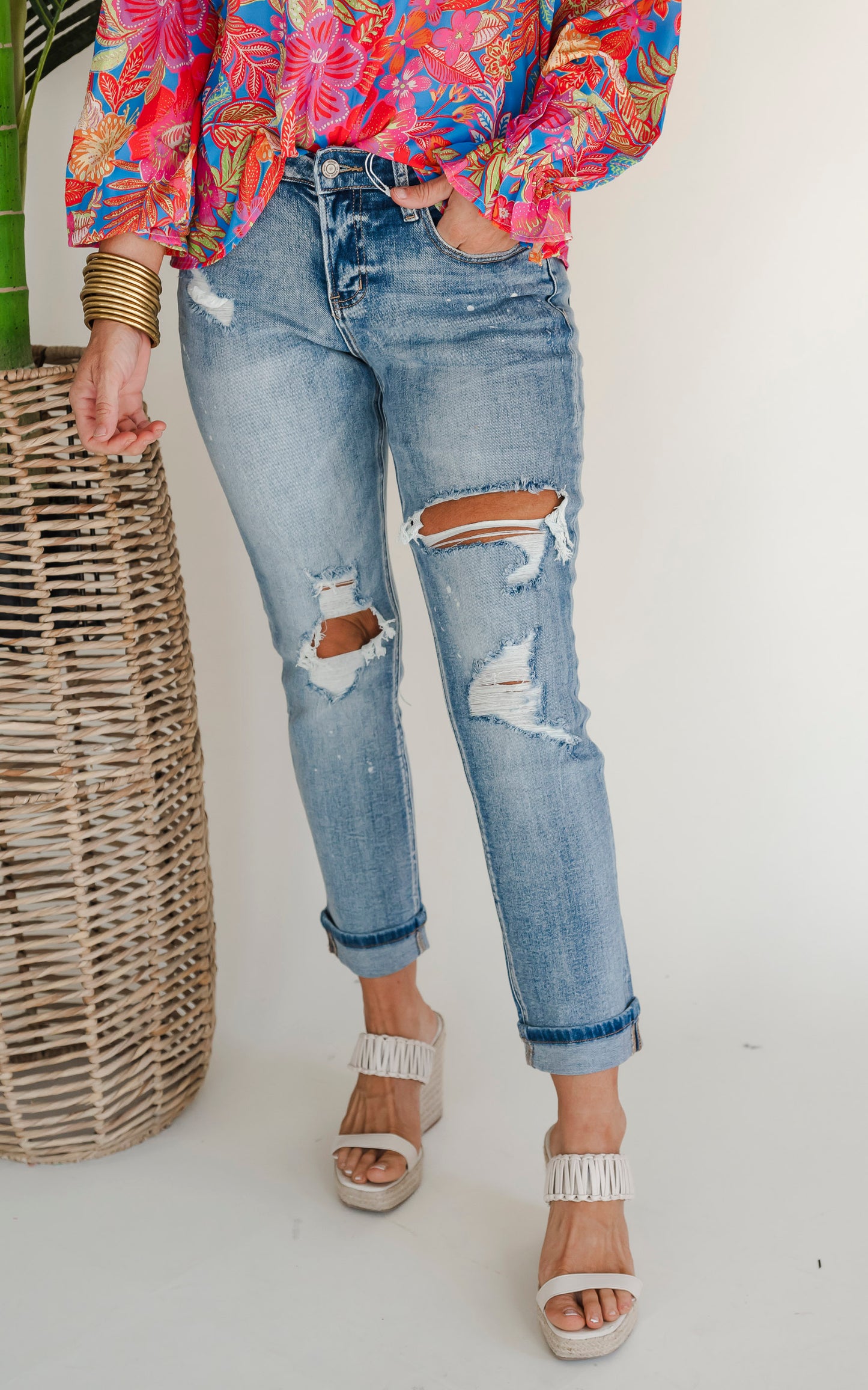 Glamourous High Rise Cuffed Distressed Paint Boyfriend Denim Jeans