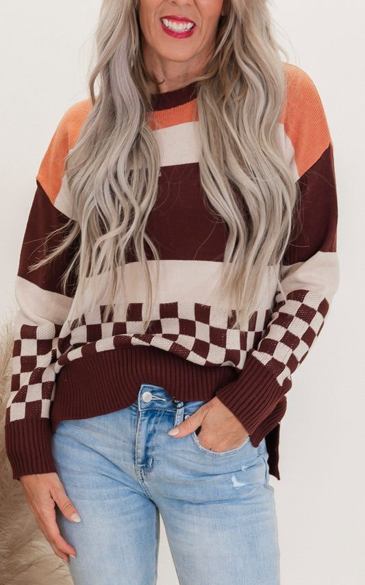 Check & Stripe Oversized Sweater Top - Final Sale