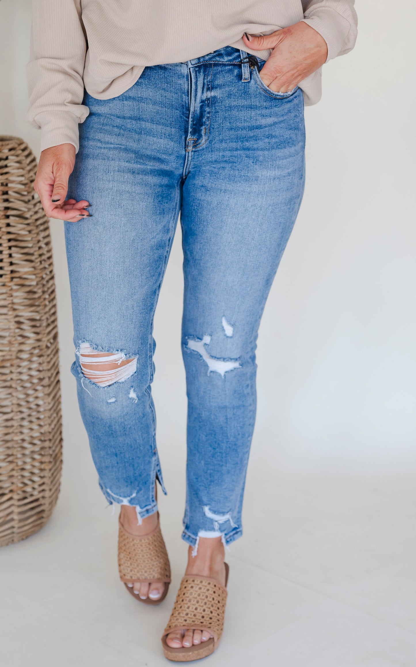 MICA | High Rise Ankle Straight w/ Side Slit Denim Jeans** - Final Sale