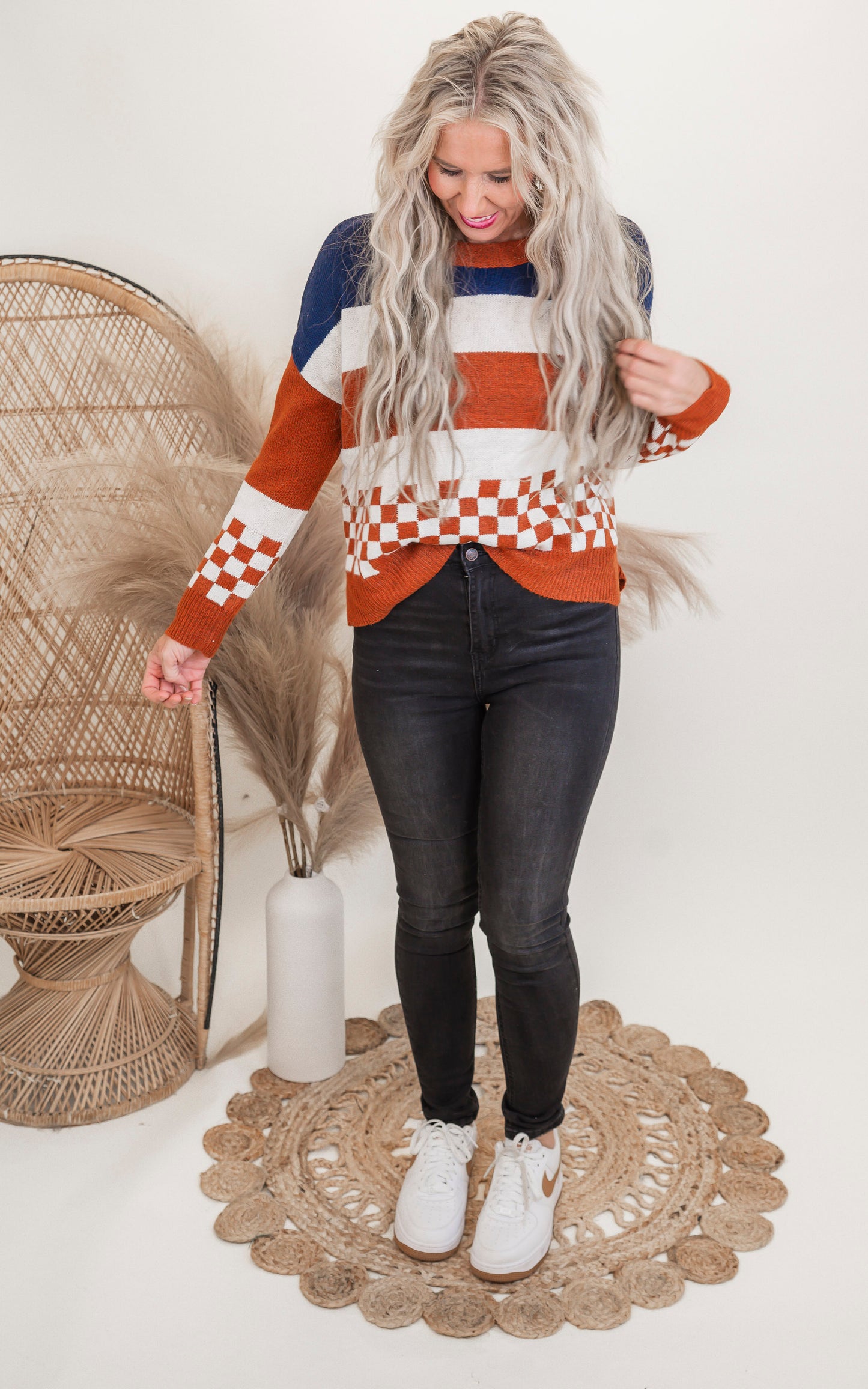 Navy Colorblock Checkerboard Sweater - Final Sale