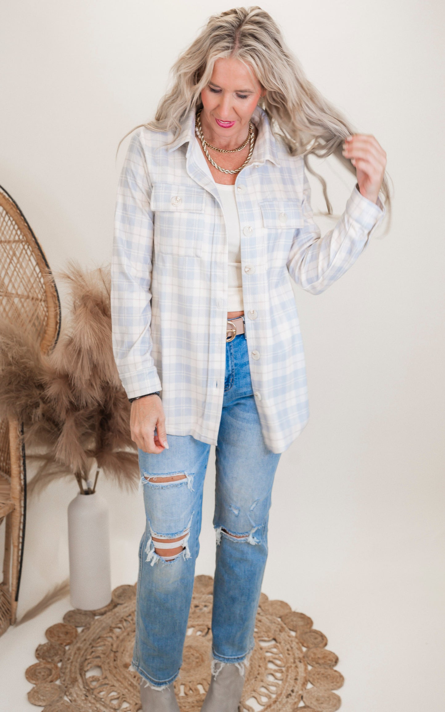 Forever Favorite Plaid Shacket in Ivory Blue Cream #10 | Salty Wave *DEAL