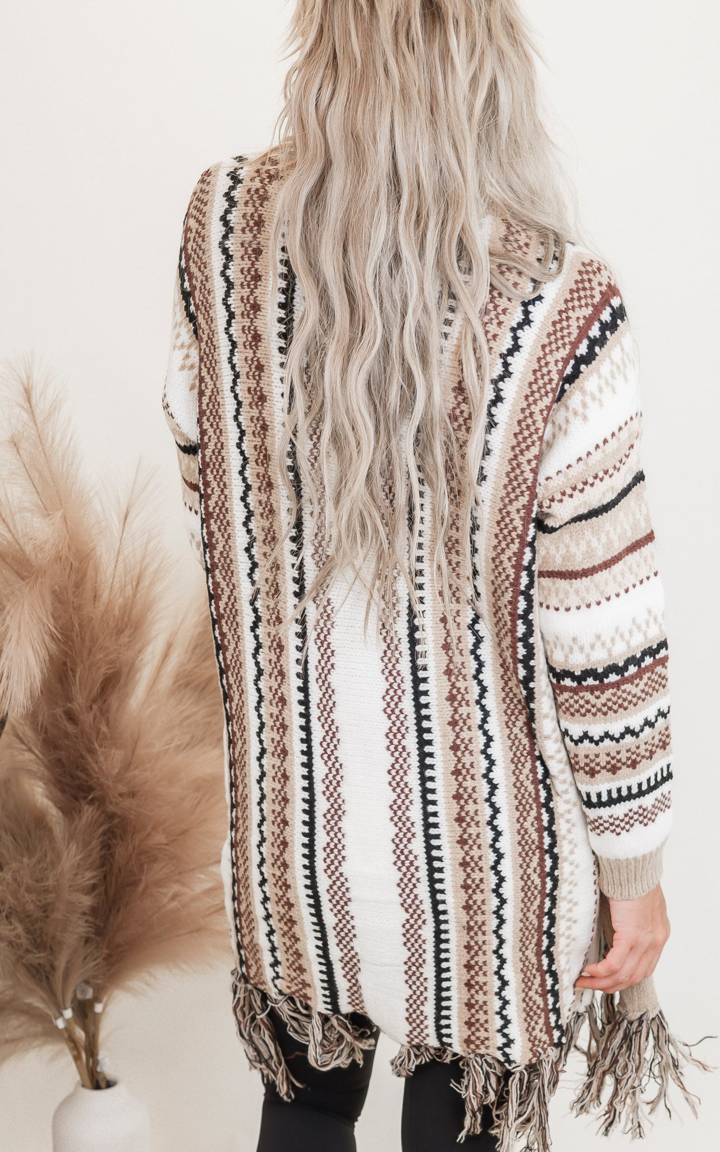 Beige Khaki Bohemian Tribal Stripe Cardigan w/ Fringe