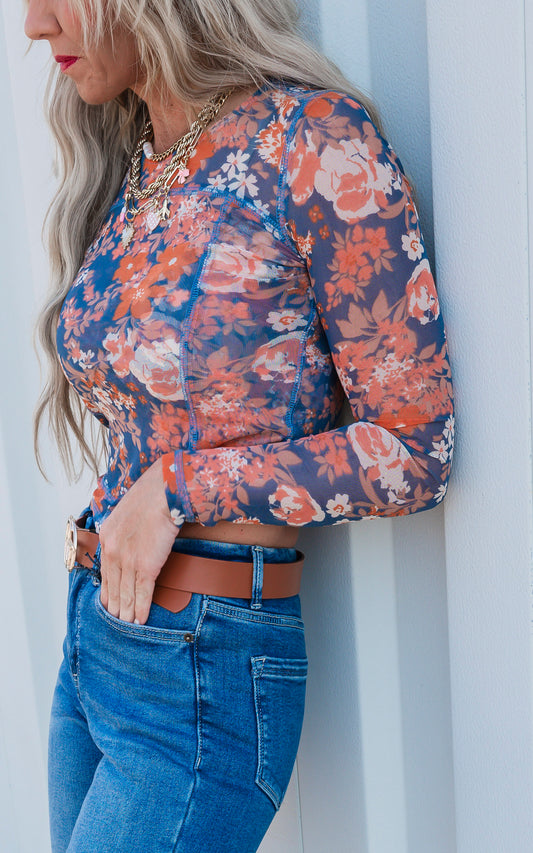 Floral Print Mesh Fitted Long Sleeve Top** -Final Sale