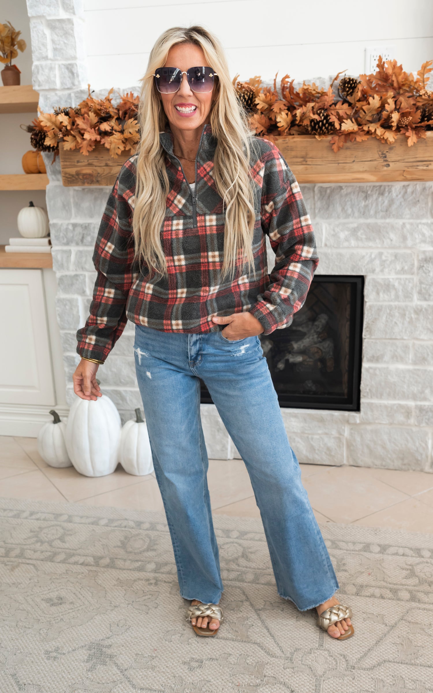 Autumn Morning Wood Brushed Plaid Pullover Top - Pink