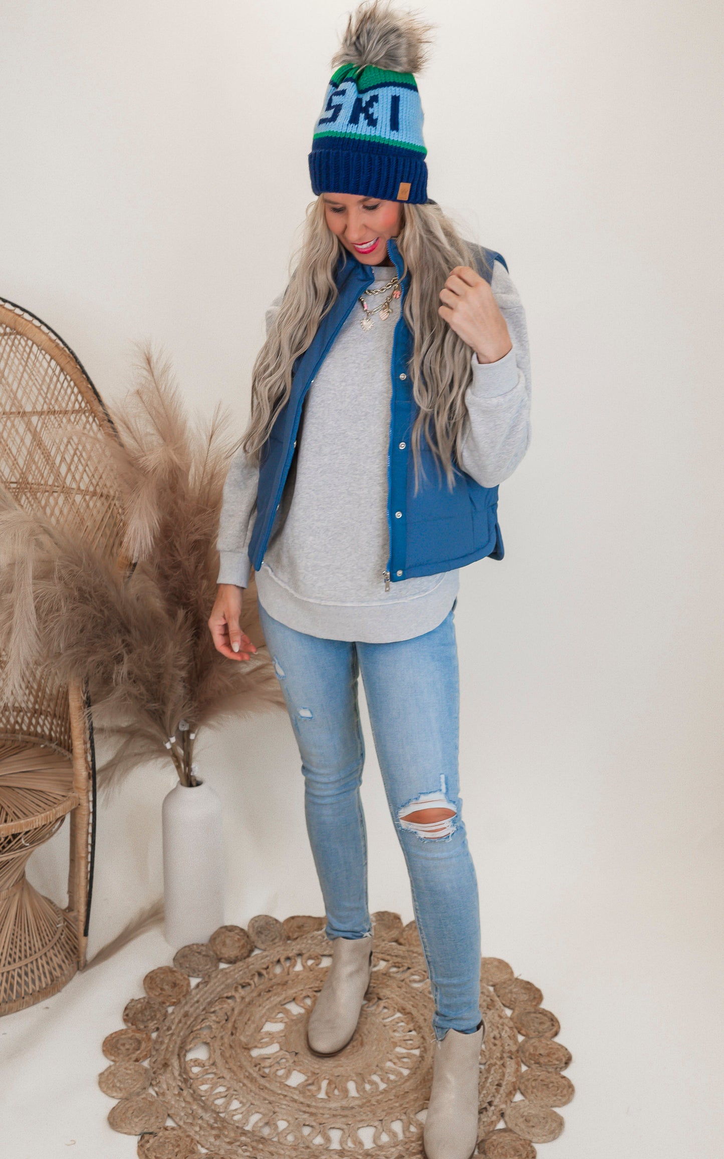 Green, Lt. Blue & Navy Ski Pom Hat