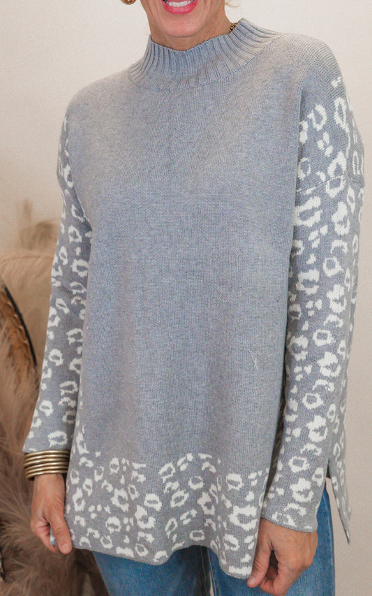 Leopard Contrast Knit Crewneck Sweater Top - Final Sale