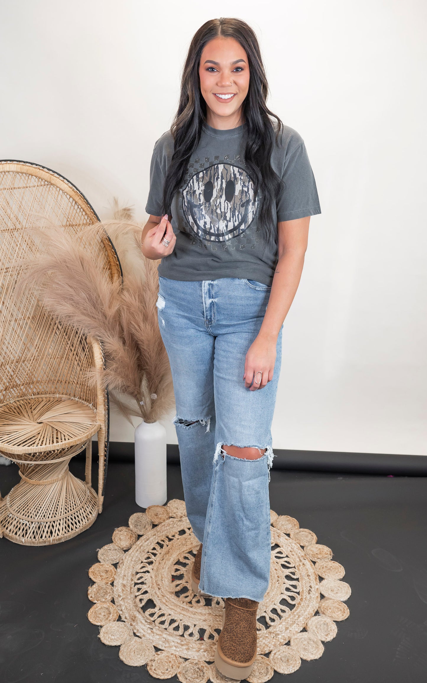 Camouflage Smiley Face Garment Dyed Graphic T-shirt - Final Sale