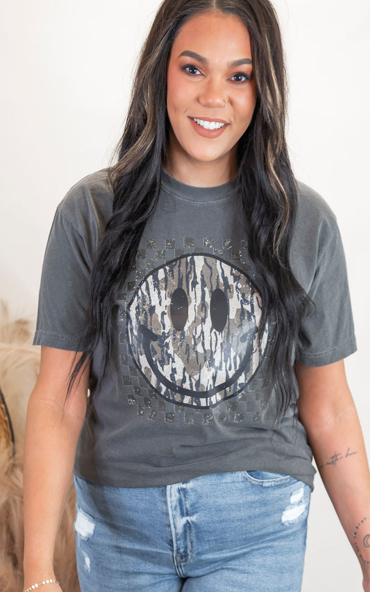 Camouflage Smiley Face Garment Dyed Graphic T-shirt - Final Sale