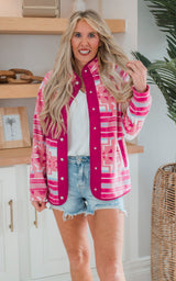 Hot Pink Aztec Fleece Snap Up Outdoor Jacket