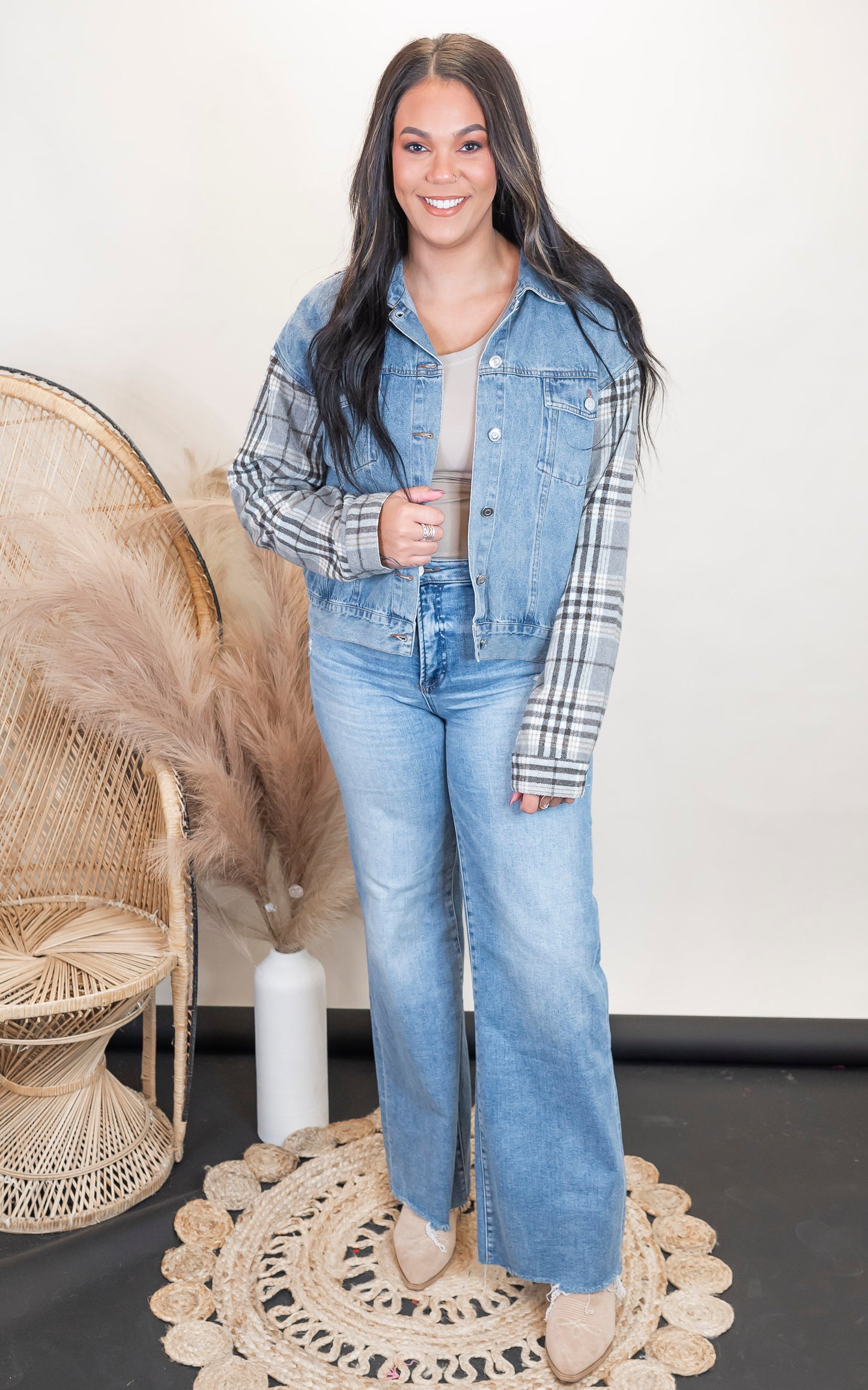 Grey Denim Plaid Contrast Jacket** - Final Sale