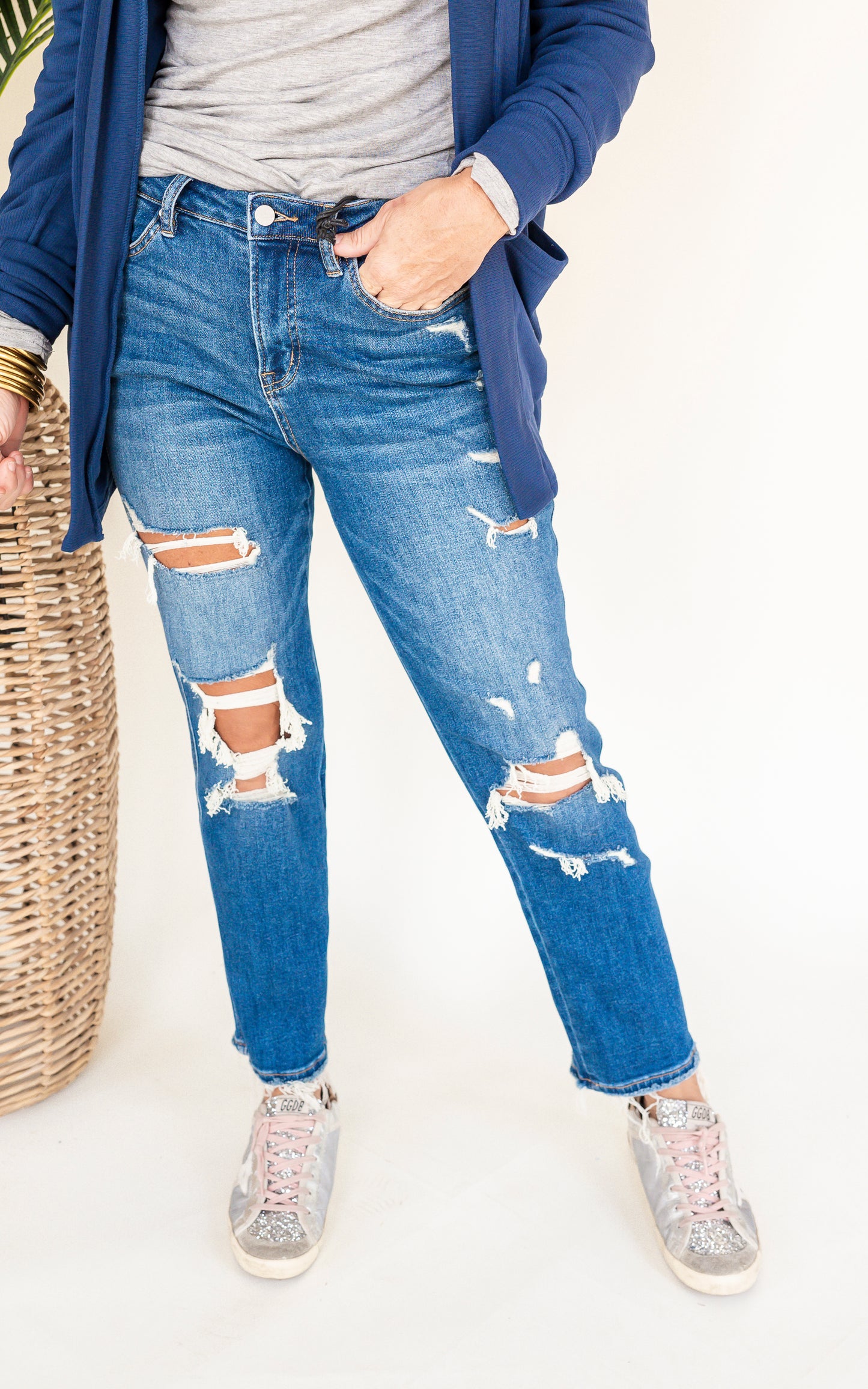 The Holy Grail Boyfriend Distressed Dark Denim Jean | Mica Collab w/ Bad Habit* - Final Sale
