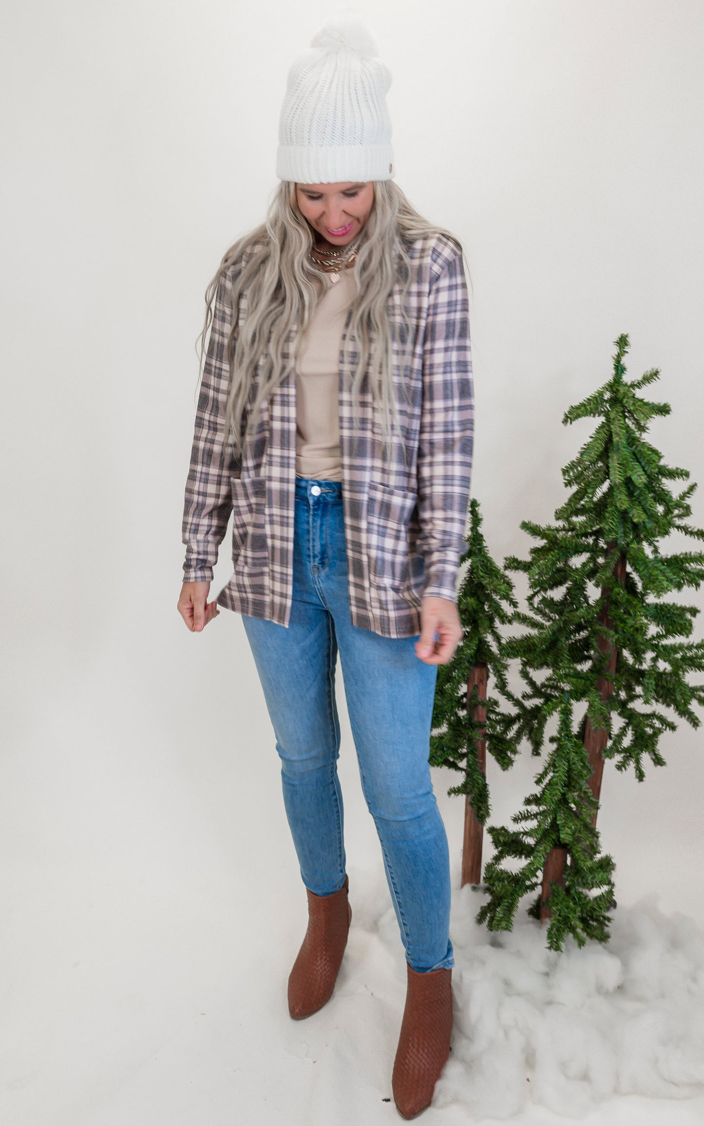 Forever Favorite Plaid Cardigan in Taupe Grey #6 | Salty Wave * - Final Sale