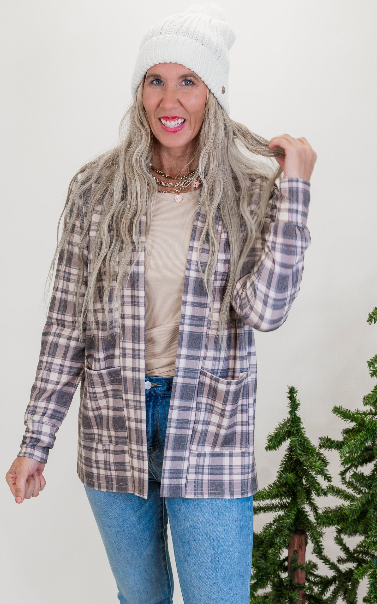 Forever Favorite Plaid Cardigan in Taupe Grey #6 | Salty Wave * - Final Sale
