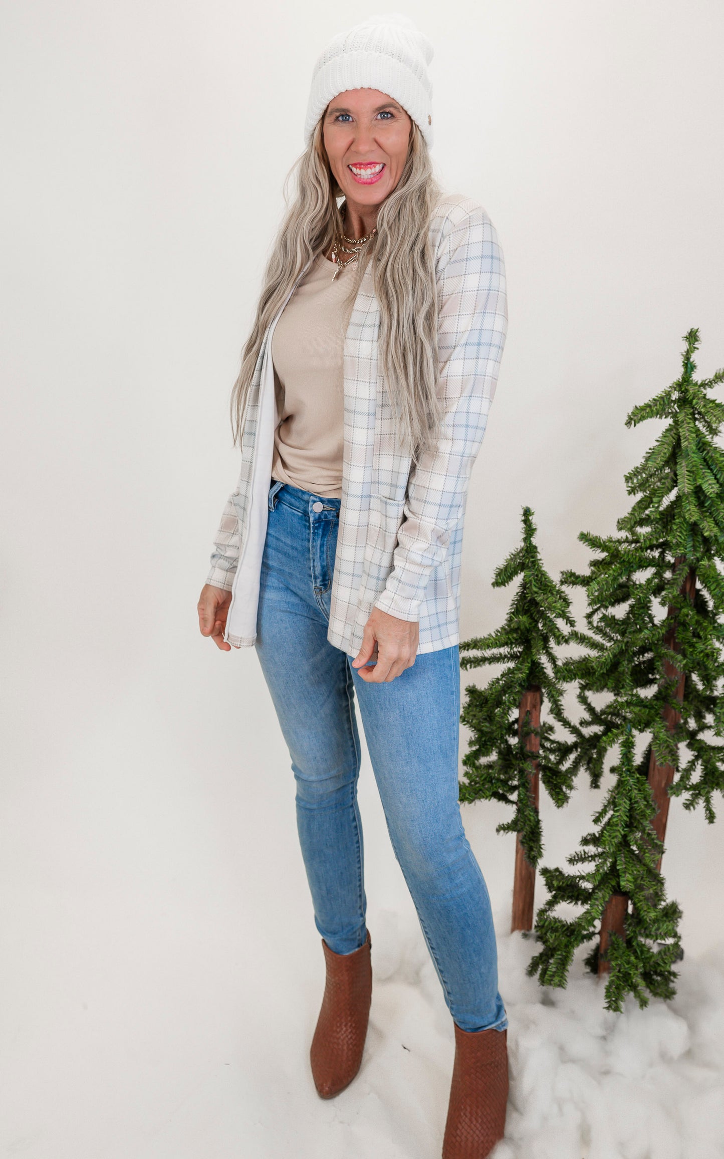 Forever Favorite Plaid Cardigan in Ivory Mocha Blue #1 | Salty Wave * - Final Sale