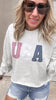 Light grey USA graphic crewneck with bold stitched letters.