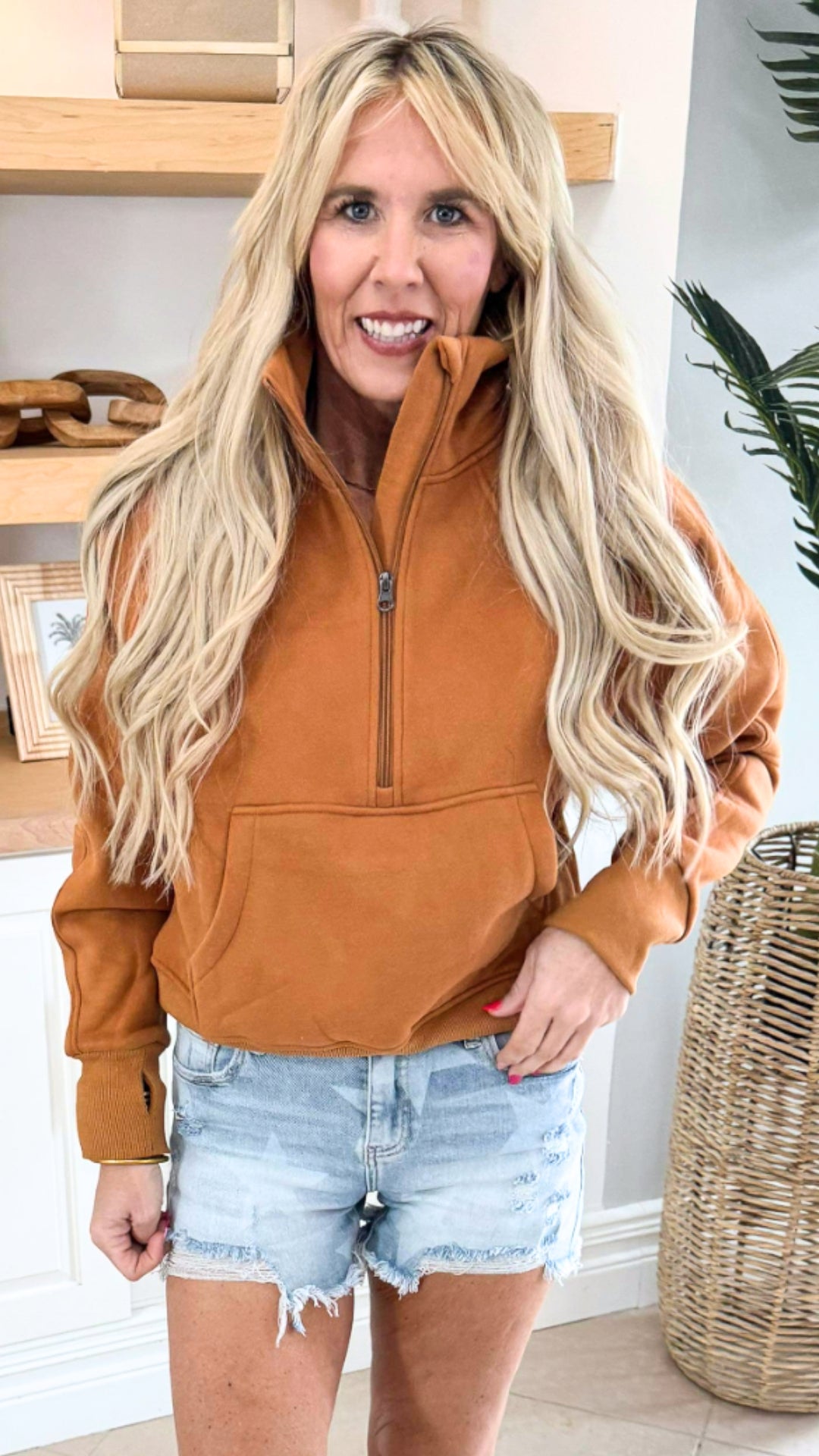 The Ava Cognac 1/2 Zip Mock Neck Sweatshirt by Salty Wave***DEAL