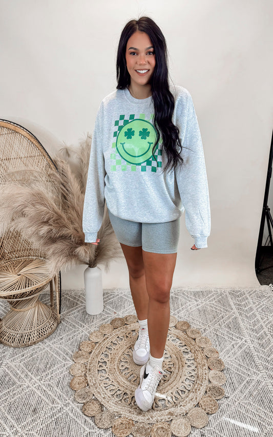 Checkered Green Smile Graphic Crewneck Sweatshirt | FINAL SALE