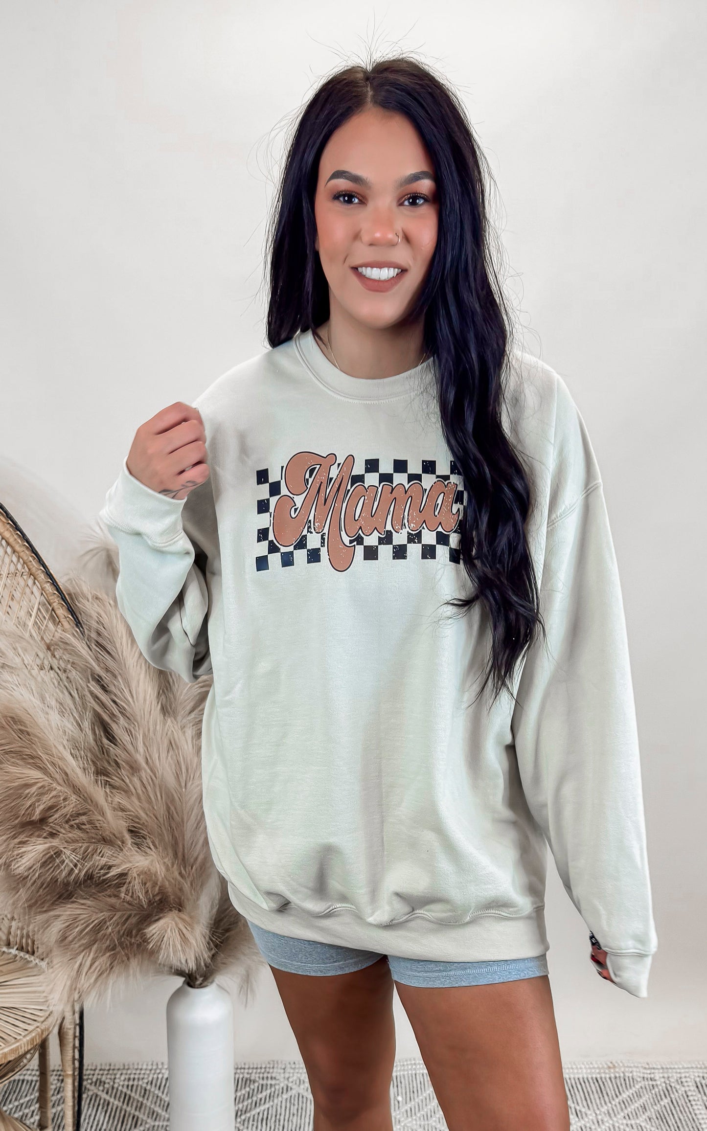 Mama Checked Graphic Crewneck Sweatshirt