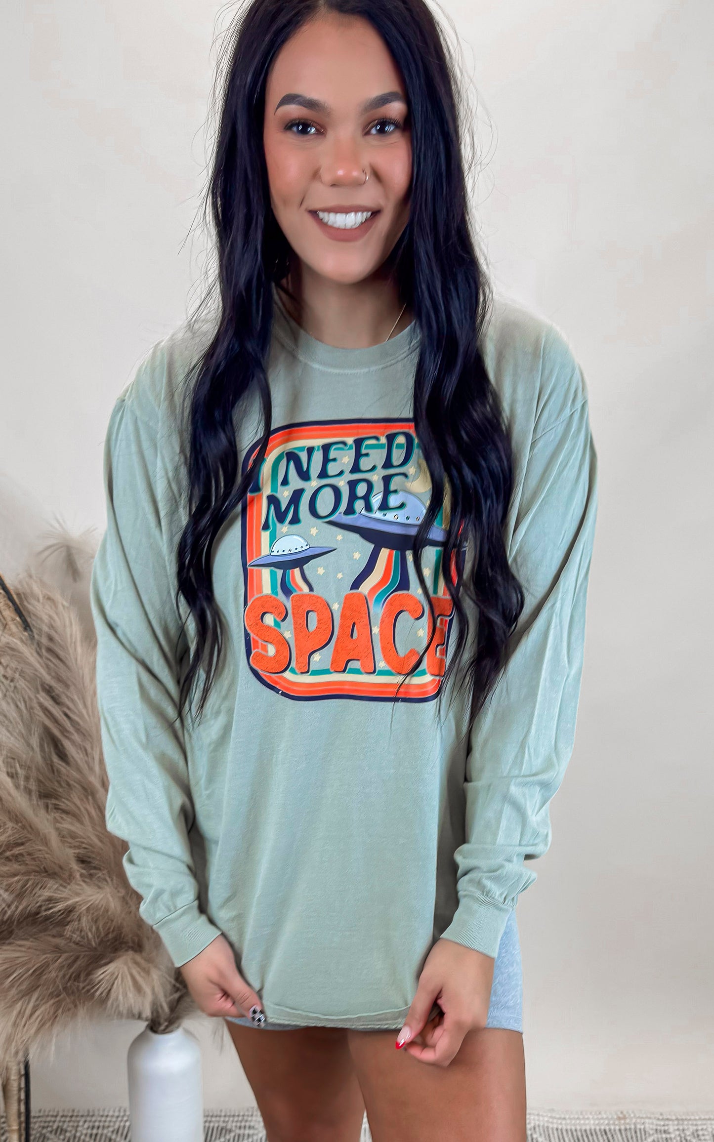 I Need More Space Garment Dyed Long Sleeve Graphic Top**