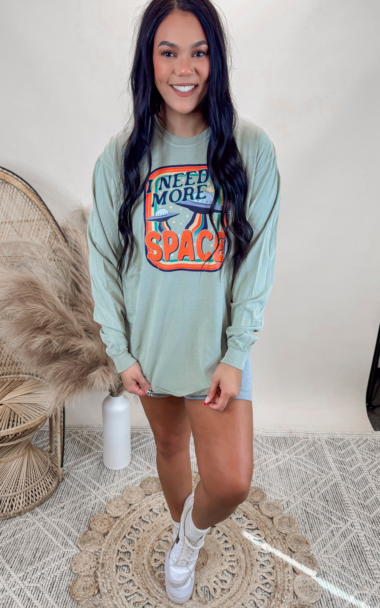 I Need More Space Garment Dyed Long Sleeve Graphic Top**