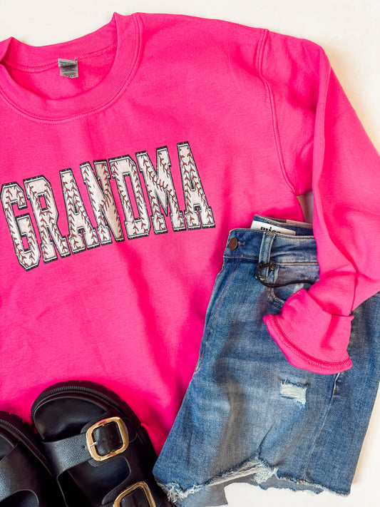 Hot Pink Baseball Stitches Grandma Graphic Crewneck Sweatshirt