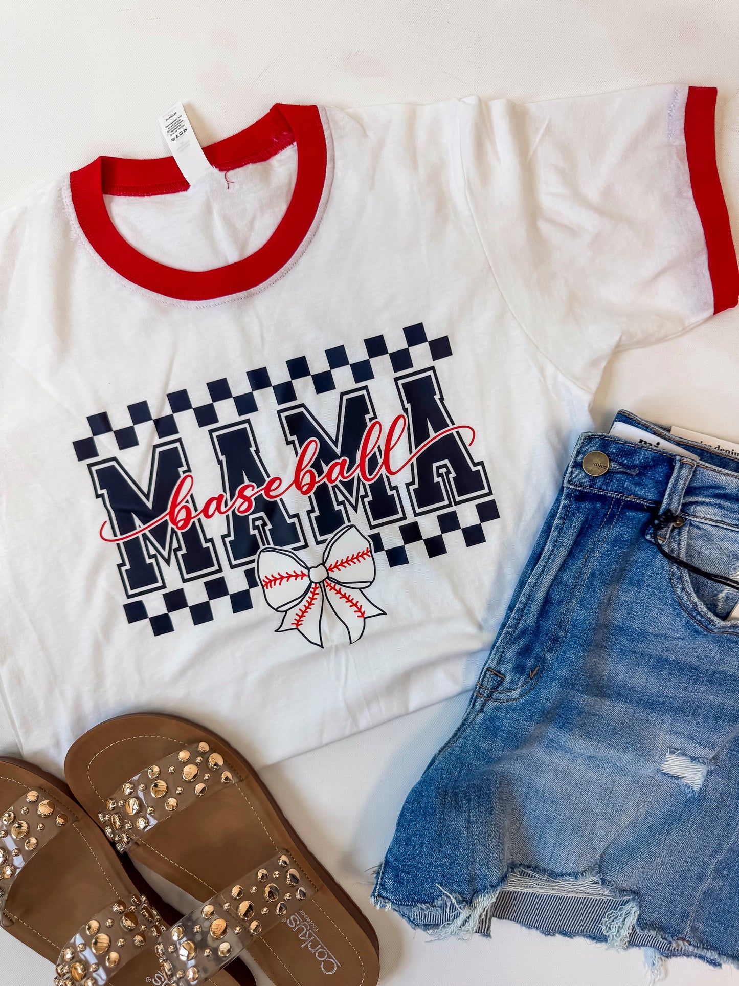 Checked Baseball Mama Ringer Graphic T-shirt