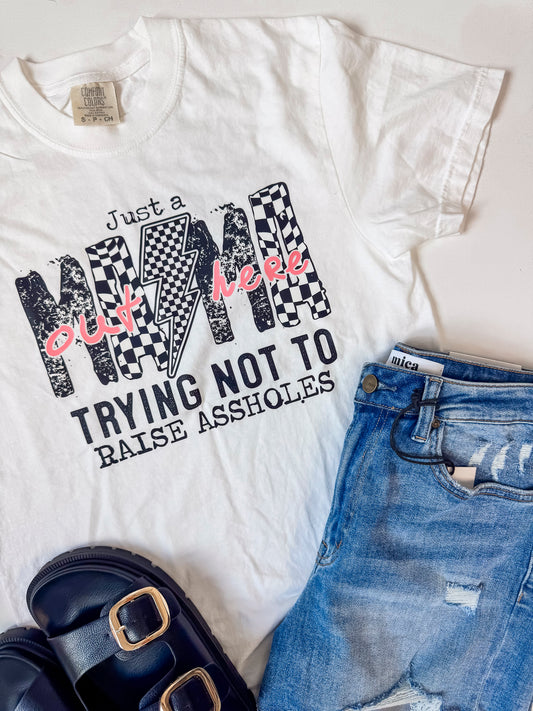 Just A Mama Trying Not to Raise Assholes Garment Dyed Graphic T-shirt