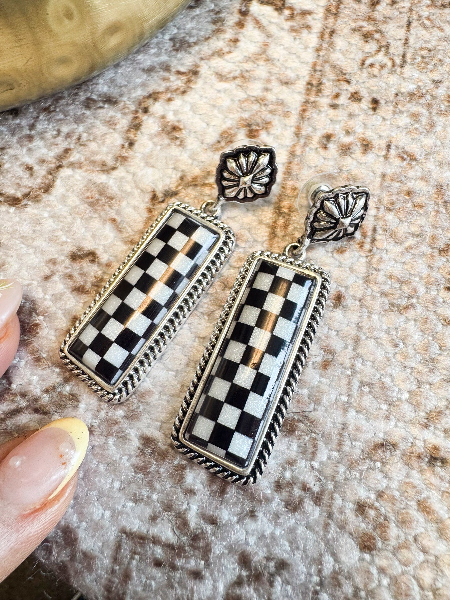 Black Checkered Dangle Earrings