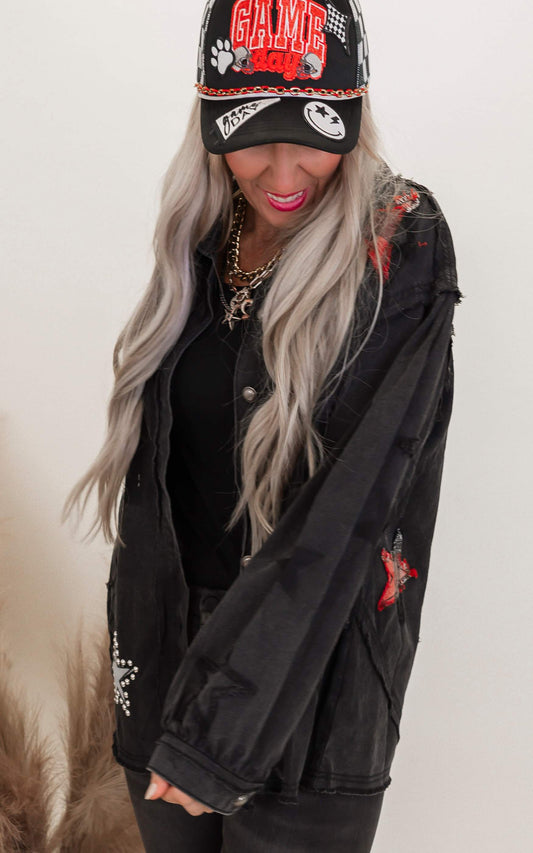 Getting Edgy Denim Star Patch Button Down Top | POL - Final Sale*