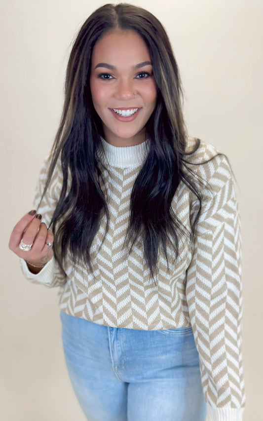 High Neck Herring Bone Knit Sweater - Final Sale