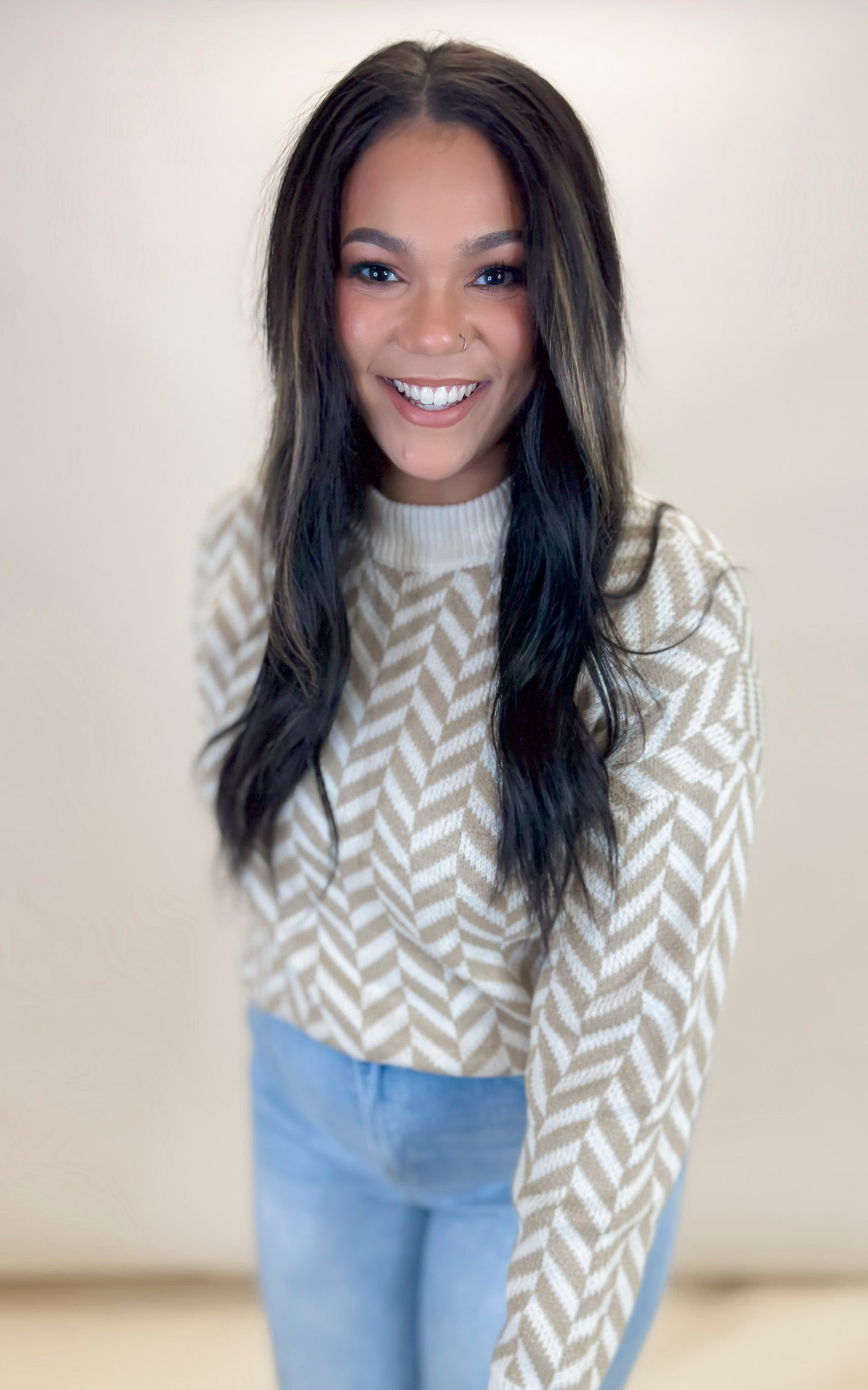 High Neck Herring Bone Knit Sweater - Final Sale