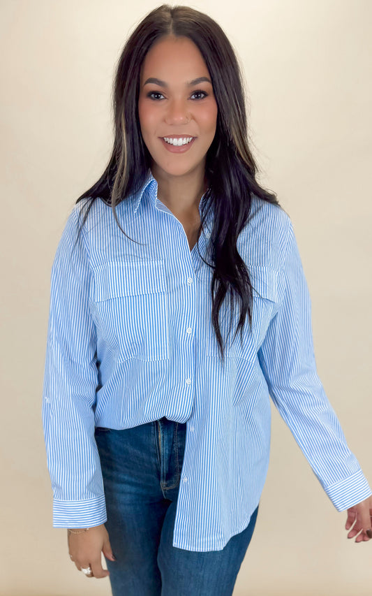 Light Blue Stripe Button Down Utility Shirt - Final Sale