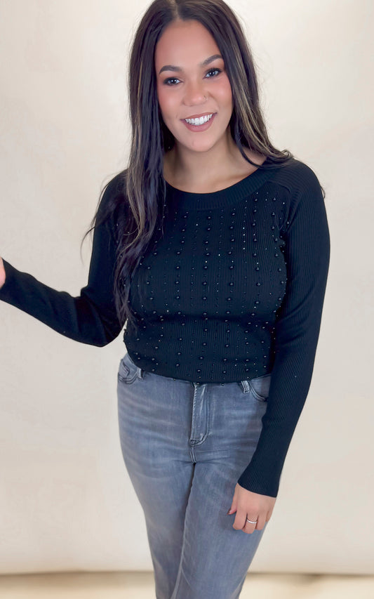 Black Beaded Long Sleeve Solid Knit Top** - Final Sale