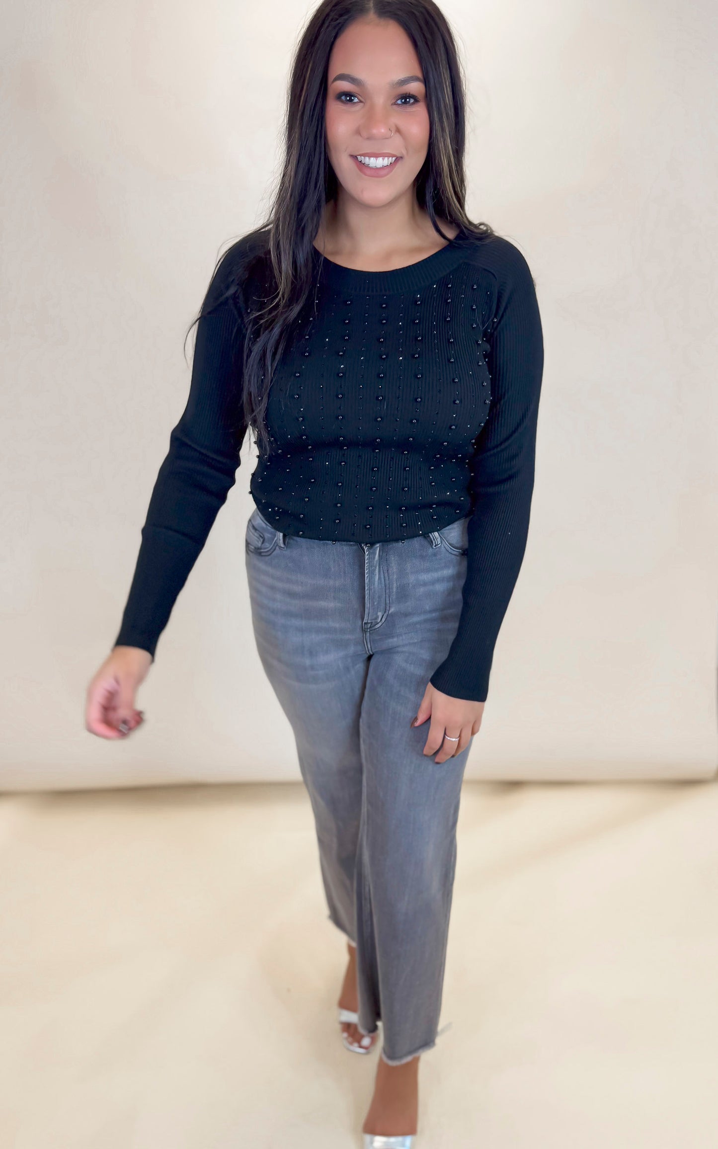 Black Beaded Long Sleeve Solid Knit Top** - Final Sale