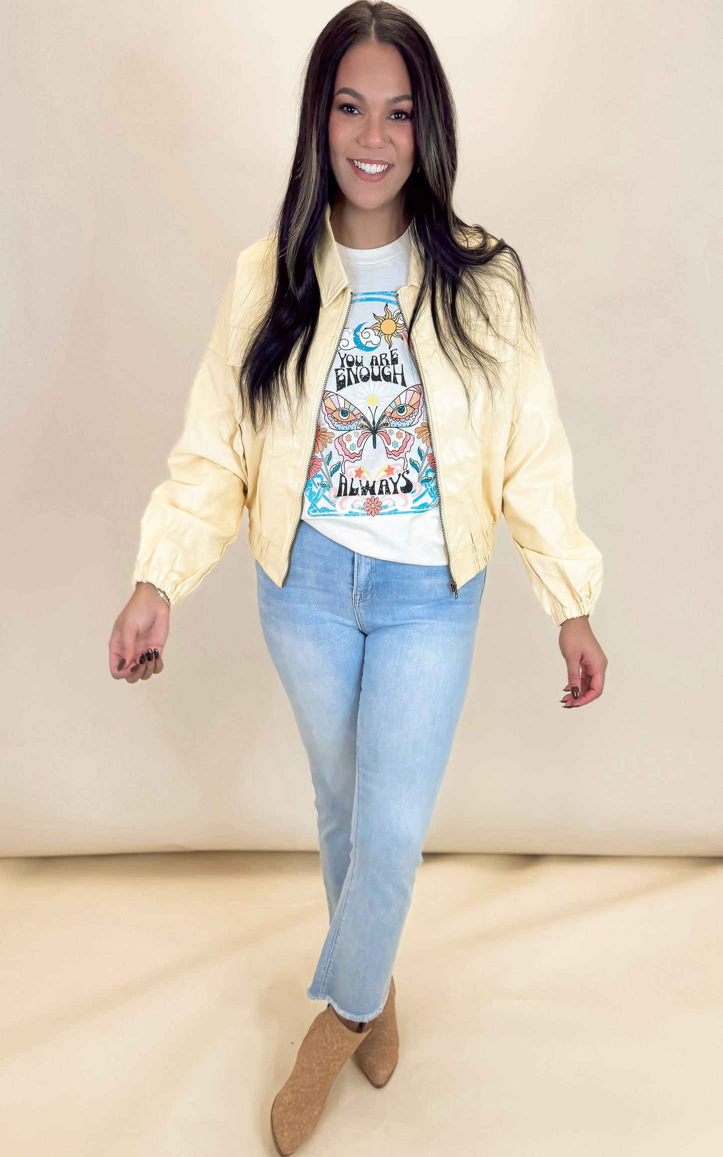 Dusty Yellow Long Sleeve Solid Faux Leather Jacket