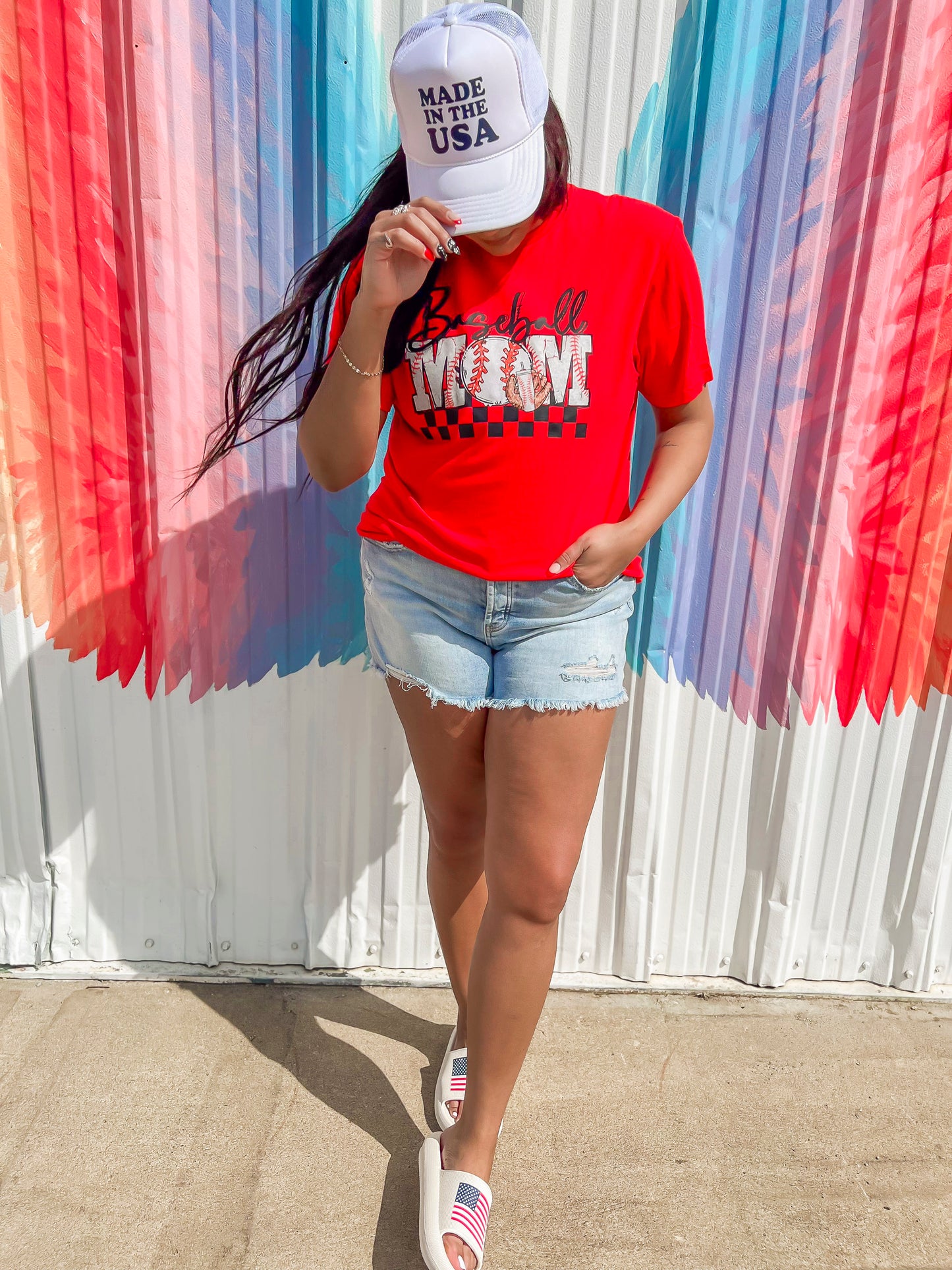 Baseball Mom Checked Graphic T-shirt**