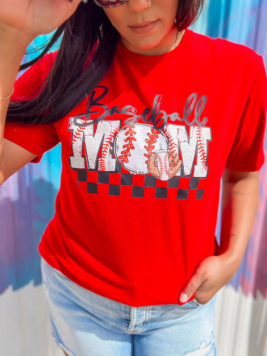 Baseball Mom Checked Graphic T-shirt**