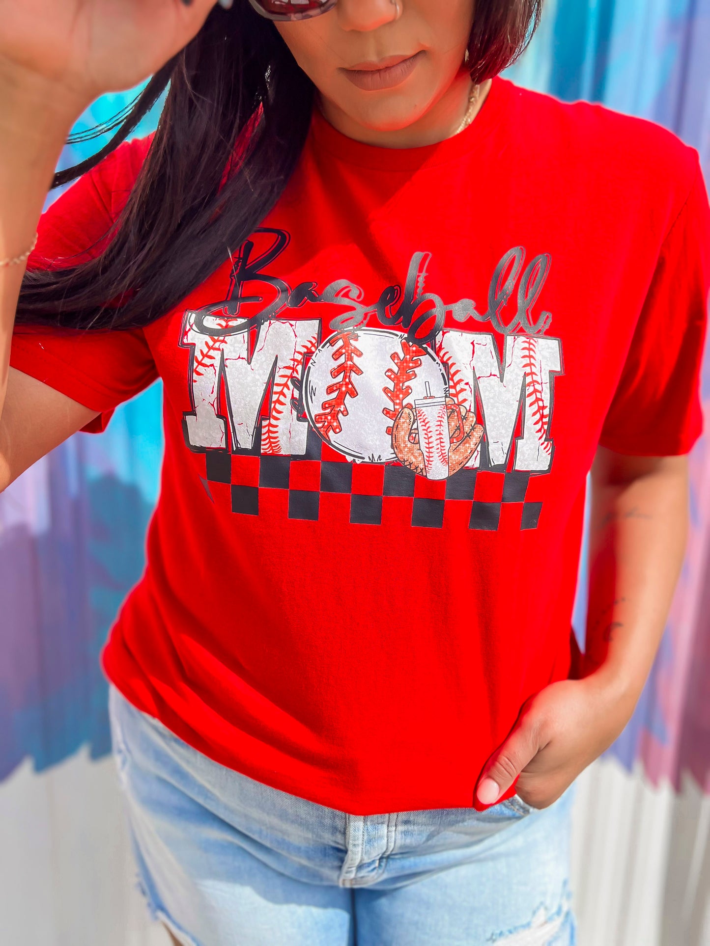 Baseball Mom Checked Graphic T-shirt**