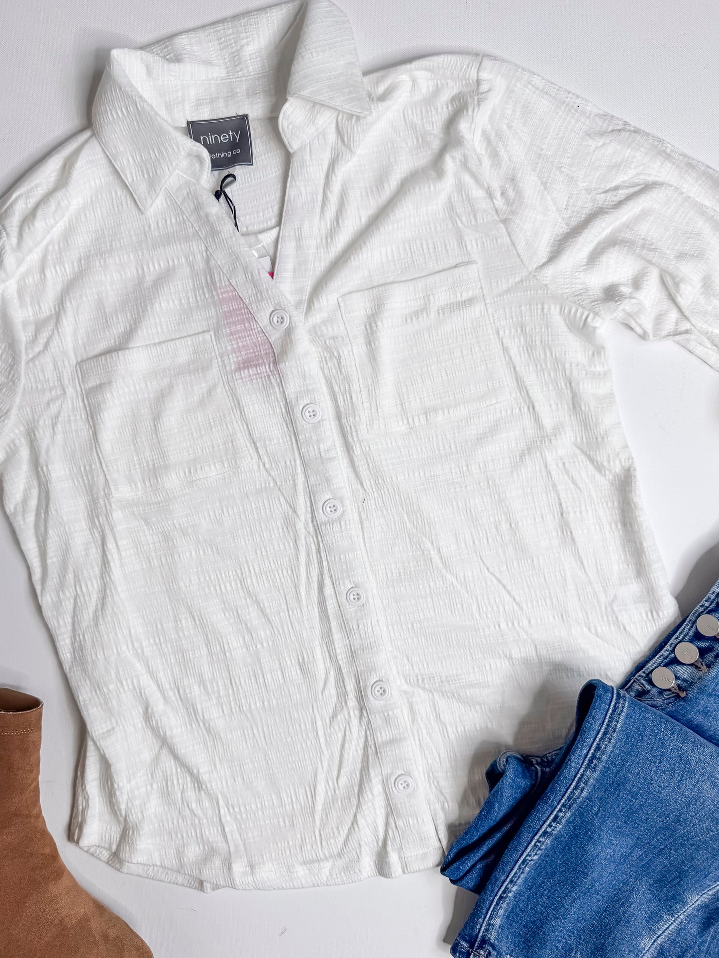 White Utility Button Down Blouse Top