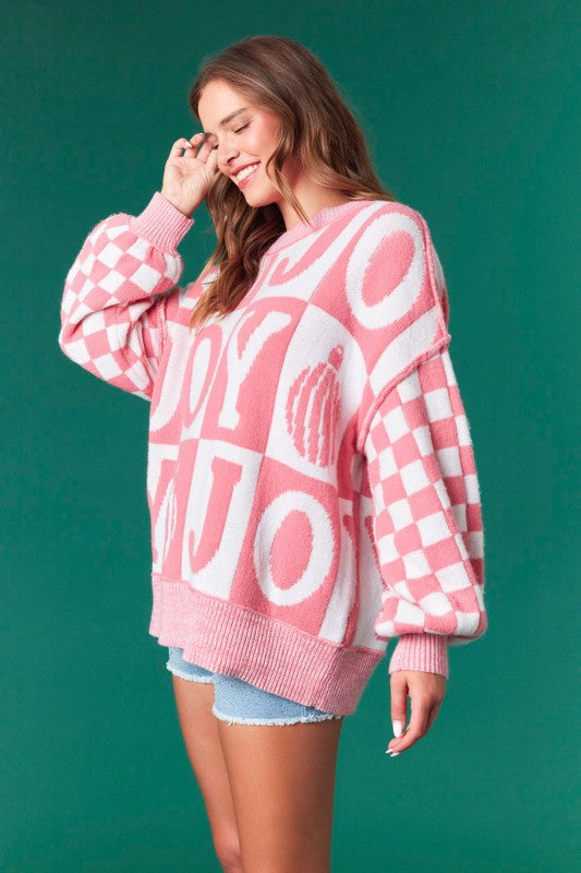 Checker Joy Oversized Balloon Sleeve Sweater