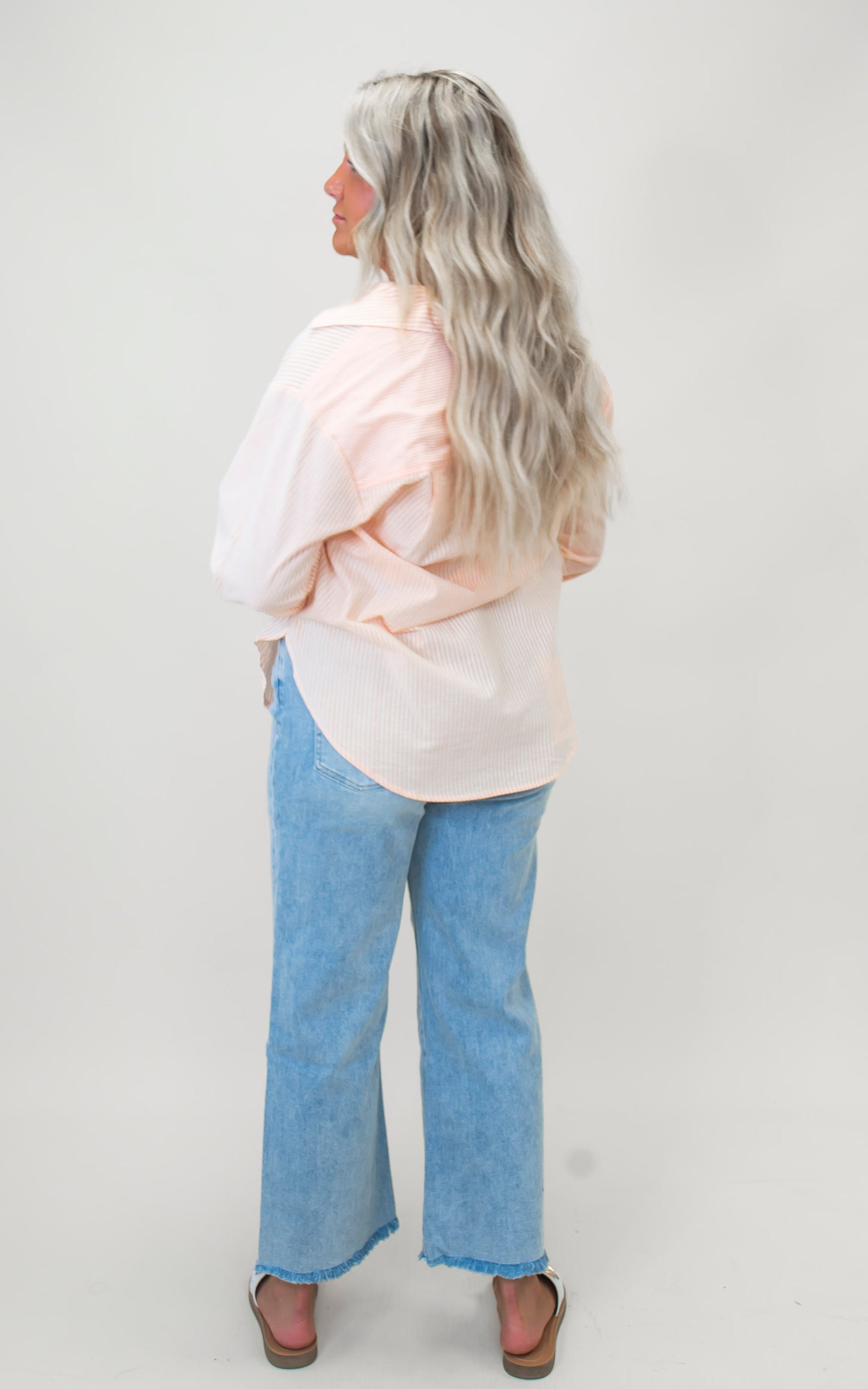 Tangerine Stripe Cotton Blend Button Up Blouse Top - Final Sale