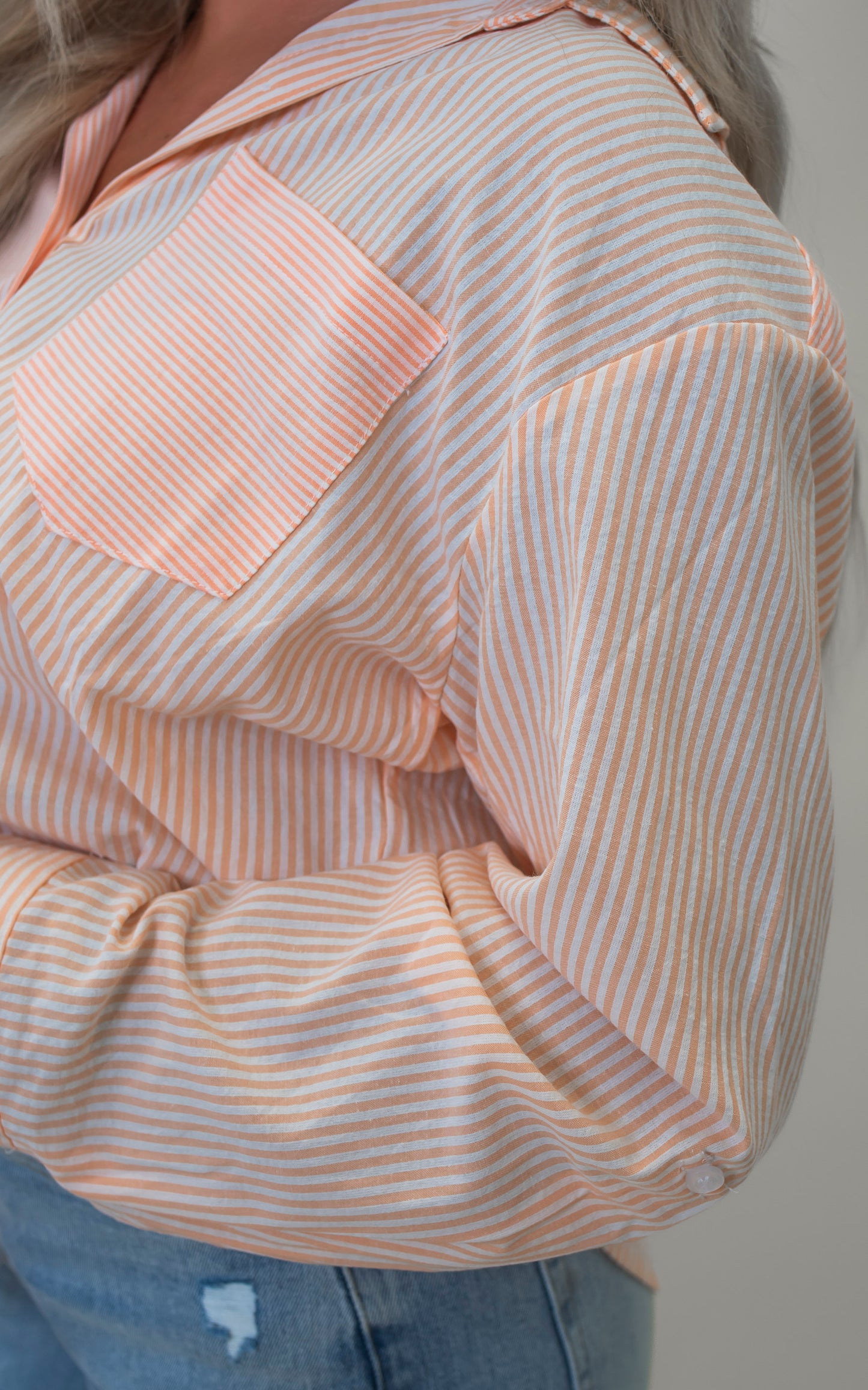 Tangerine Stripe Cotton Blend Button Up Blouse Top - Final Sale