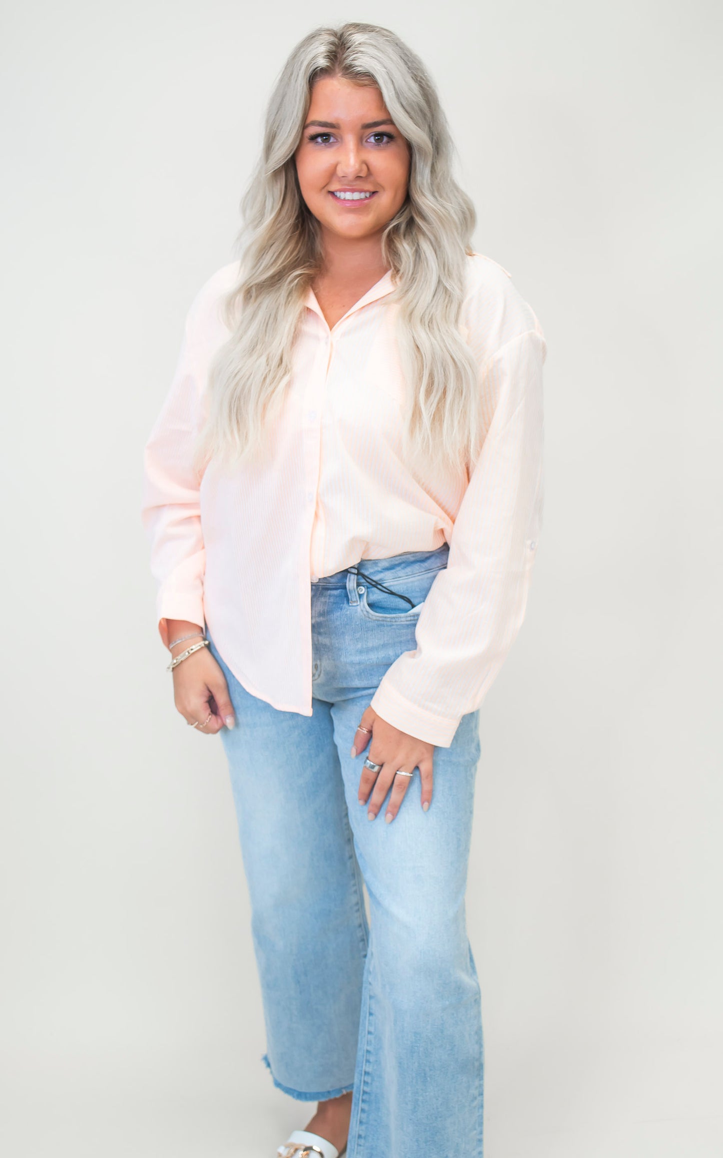 Tangerine Stripe Cotton Blend Button Up Blouse Top - Final Sale