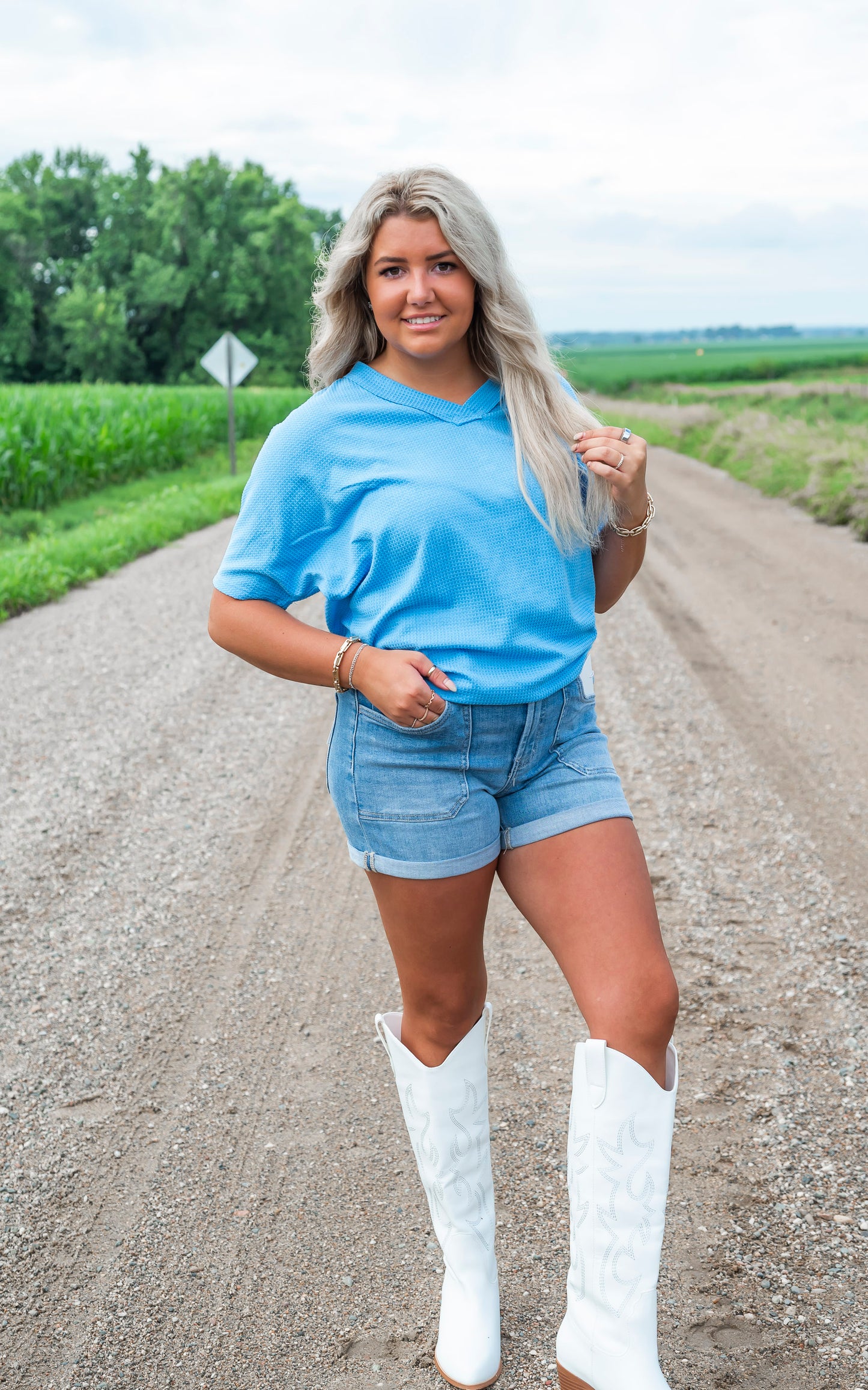 Two Tone Waffle V-Neck Dolman Sleeve Top - DEAL