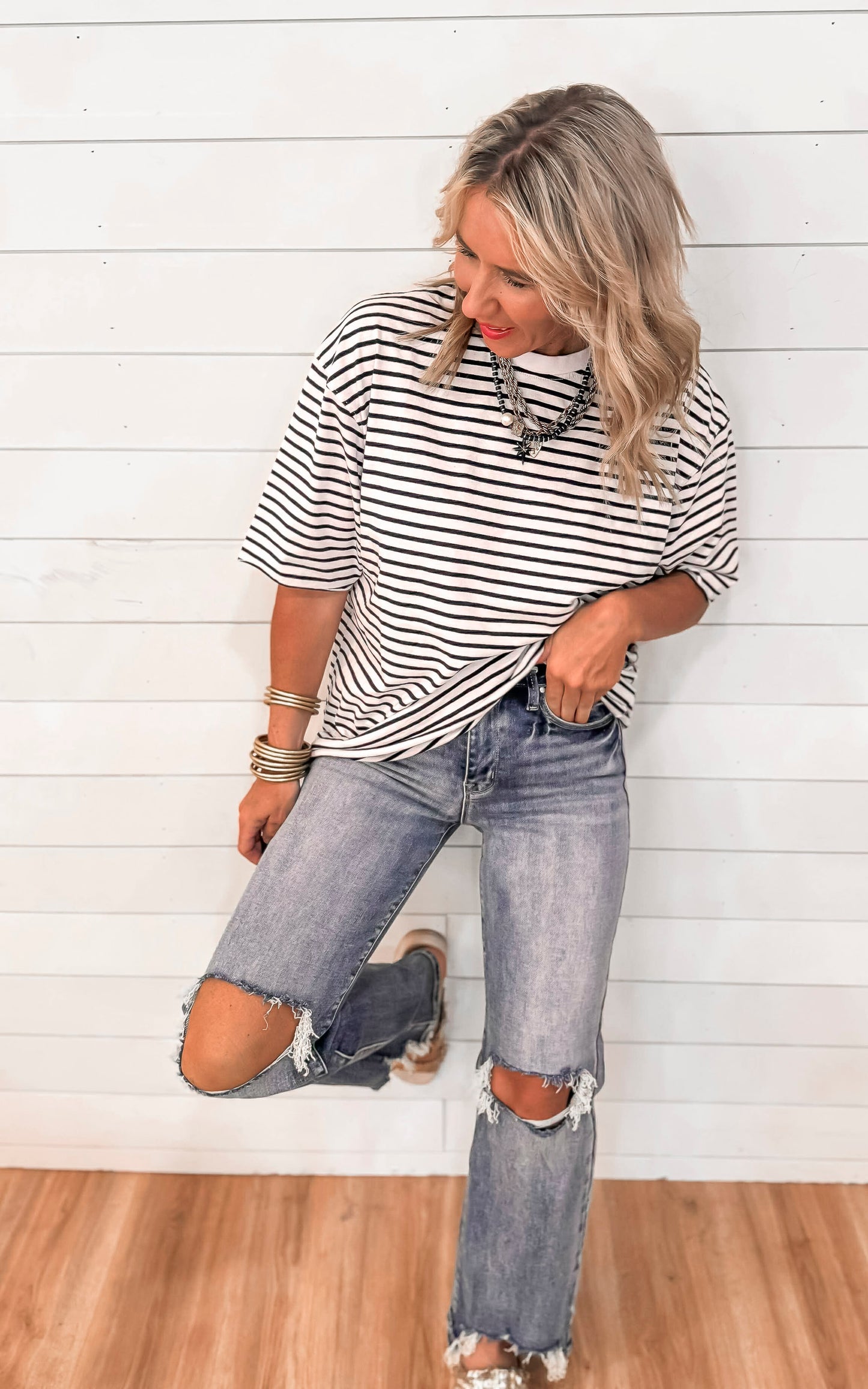 Coastal Cotton Striped Oversized Crewneck Tee | MONO B